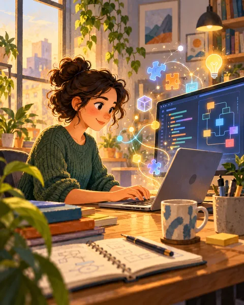 En udvikler i grøn trøje arbejder ved computeren i et lyst rum med planter og svævende kodesymboler.